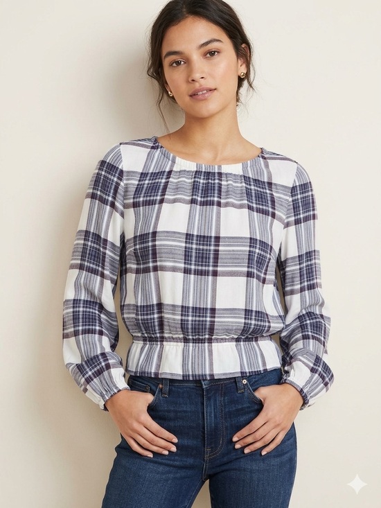 Anthropologie Tops - Cloth & Stone for Anthropologie Plaid Rayon Blouse Size M Blue/White Long Sleeve